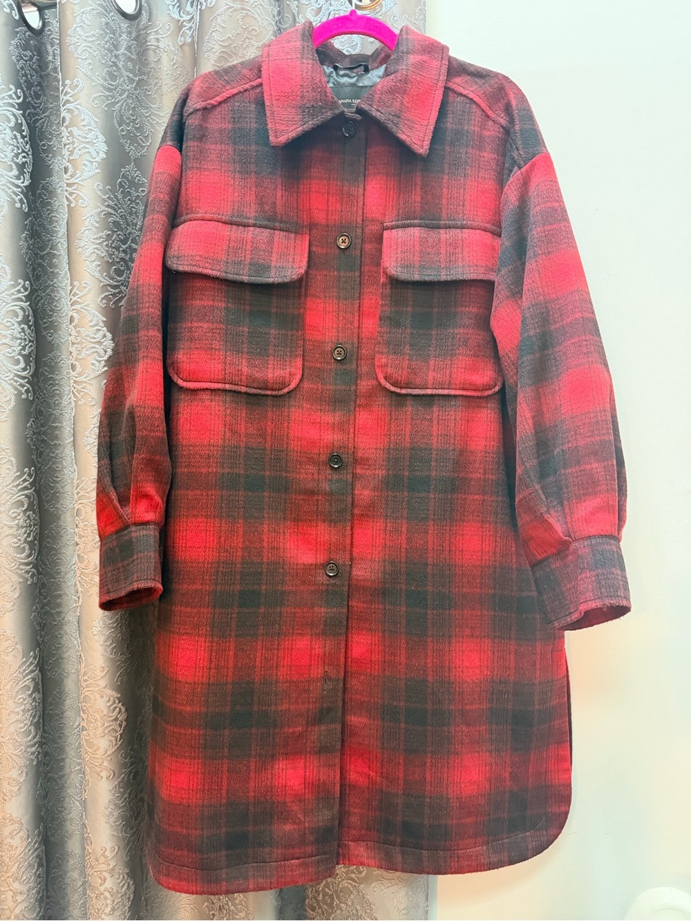 Banana Republic Red and Black Plaid Long Trench Coat